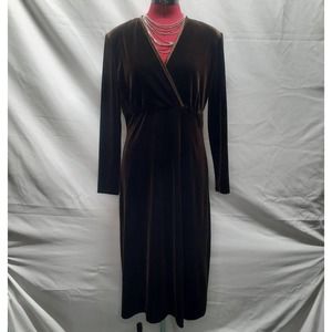 KC Spencer NY Chocolate brown velvet wrap top long sleeve empire waist dress 8